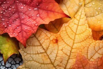 Colorful autumn maple leaves with water drops close-up macro photography. Generative Ai
