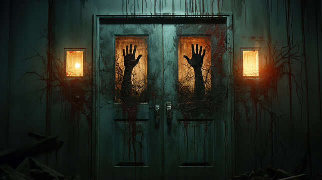 In the Shadows of Fear, The Horror of Haunted Doors with Creepy Ghost Hands, Generative AI