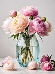 vase with beautiful peonies isolated on white background, flower shop mockup