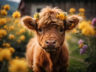 Photo sur Plexiglas Highlander écossais Cute baby highland cow, Autumn flowers on her head