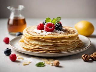Detailed food photography pancakes, creppes rich textures, isolated