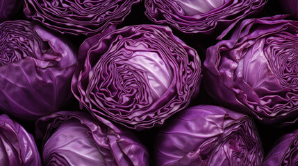 Top view full frame of whole ripe red cabbage placed together as background. - obrazy, fototapety, plakaty
