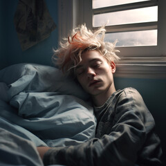 Peaceful Morning: Handsome 17-Year-Old Caucasian Teen Asleep with Tousled Hair - obrazy, fototapety, plakaty