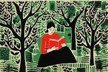 girl in the nature illustration reading a book, alone around green background