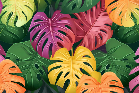 monstera plant colorful leaves pattern repetition on wallpaper background
