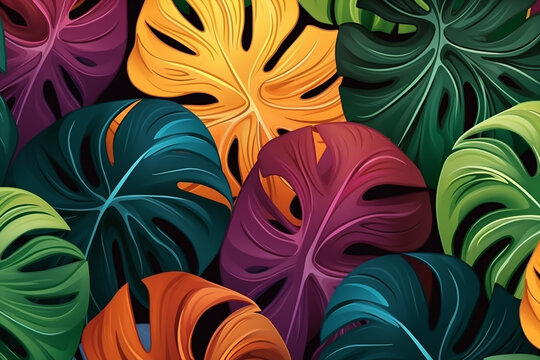 monstera plant colorful leaves pattern repetition on wallpaper background