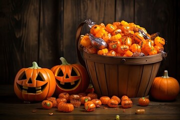 pumpkins and halloween candy in an orange basket on a wooden table Generative AI
