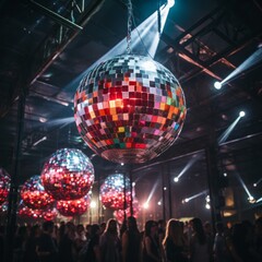 Party Atmosphere with Hanging Disco Balls.
Disco balls of various colours hang above a party scene.