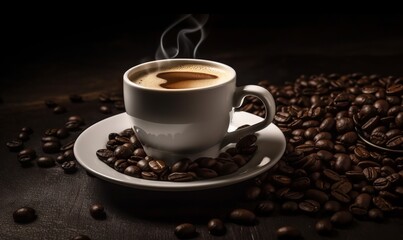 a cup of coffee with coffee beans near the cup background image