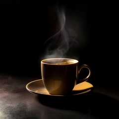 a cup of coffee on a table with black background
