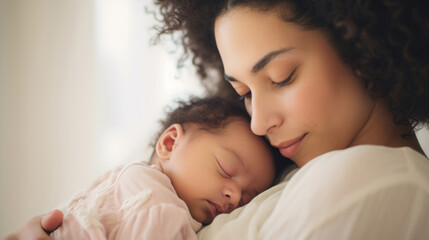 Fototapeta na wymiar Mother holding a newborn baby in her arms. Young woman cuddling her sleeping baby
