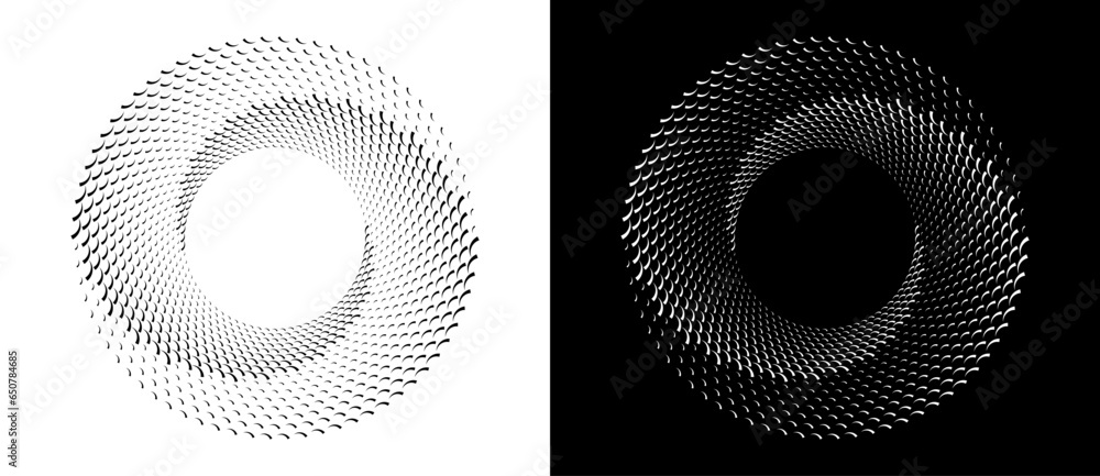 Poster Abstract background with wavy lines in circle. Art design spiral as logo or icon. A black figure on a white background and an equally white figure on the black side.
