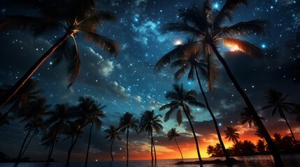 Starry sky on the beach summer coconut palms