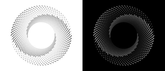 Abstract background with wavy lines in circle. Art design spiral as logo or icon. A black figure on a white background and an equally white figure on the black side.