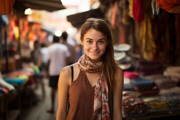 Fototapeta na wymiar a beautiful female tourist exploring a busy market, ai generated
