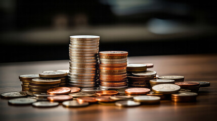 Close up of coins on table. Stock market financial concept.