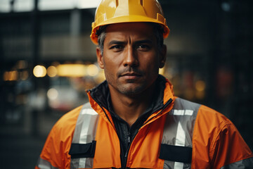 Fototapeta premium A worker in a construction hat and an orange vest. Generative AI.