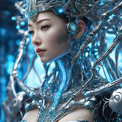 Picture a cybernetic deity, with limbs that intertwine with circuitry and glowing neural pathways.