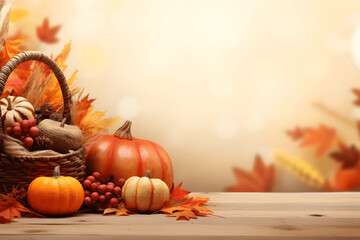 Kürbisse mit Früchten und Blättern Herbst Halloween Ernte Hintergrund Productplacement Copyspace
