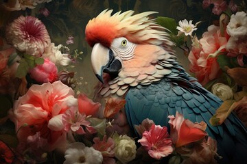 Majestic macaw parrot surrounded by delicate flowers in the style of retro vintage painting