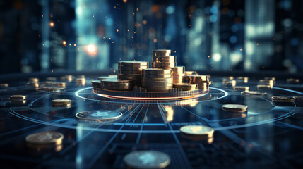 Fototapeta na wymiar Close up of gold coins on table.3d render. Stock market financial concept.