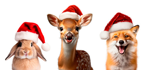 Adorable bunny, reindeer and fox headshot portraits wearing Christmas hats. Isolated on white transparent background