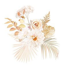 Gold, rust, beige, white flowers, rose, dahlia, magnolia, hydrangea flower, pampas grass, fern, dried palm leaves
