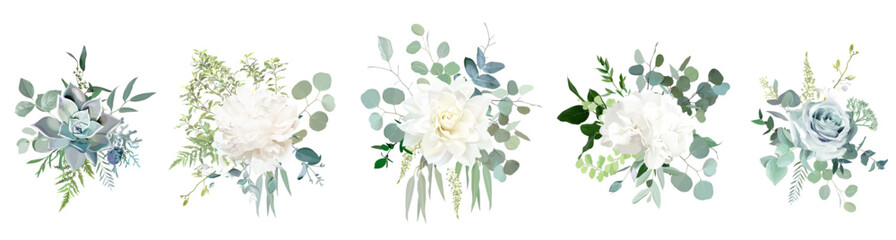 Silver sage green, mint, blue, white flowers vector design spring bouquets. Peony, rose, dahlia, hydrangea, succulent - obrazy, fototapety, plakaty