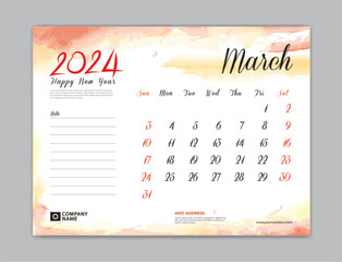 Calendar 2024 template, Desk Calendar 2024 template, March 2024, week start on sunday, Wall calendar, planner, stationery, Printing template, organizer office, Red watercolor background, vector