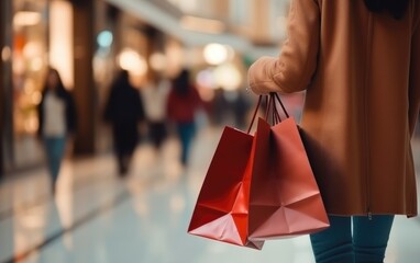 Naklejka premium Woman walking with color shopping bags at shopping center. Generative AI