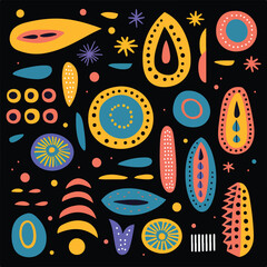A colorful pattern featuring various geometric shapes on a black background