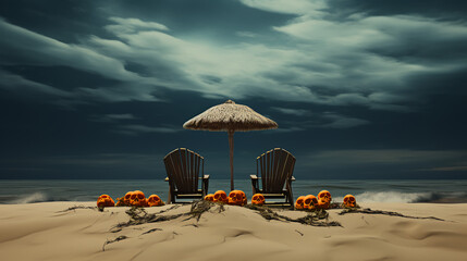Beach Halloween party - skulls - skeletons - clouds - storm - chairs - umbrella - surf - waves - fun  - obrazy, fototapety, plakaty