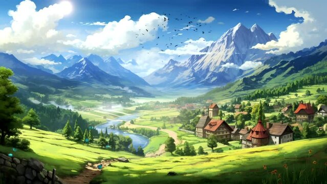 view of the village on the mountain slopes, seamless looping video background animation, cartoon style