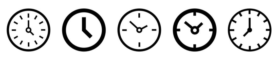 Clock set. Clock and Time icons collection. Simple icon round clock with arrow. Сlocks with hands vector sign.