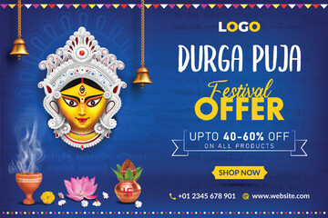 happy durga puja festival sale banner template design navaratri offer banner with blue background