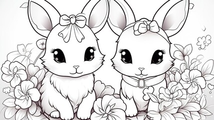Coloring pages on the theme Kawaii, cute anime bunny, anti-stress, black and white drawing - obrazy, fototapety, plakaty