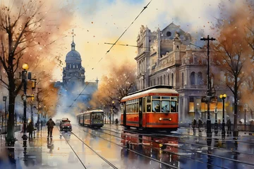 Foto op Canvas A beautiful rainy evening in the city, watercolor illustration generative AI © emilio100