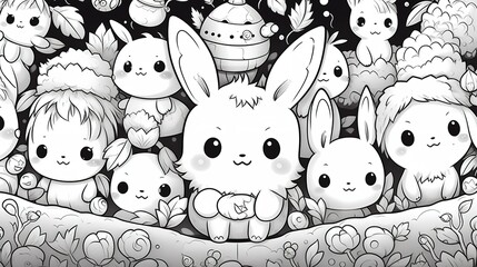 Coloring pages on the theme Kawaii, cute anime bunny, anti-stress, black and white drawing - obrazy, fototapety, plakaty