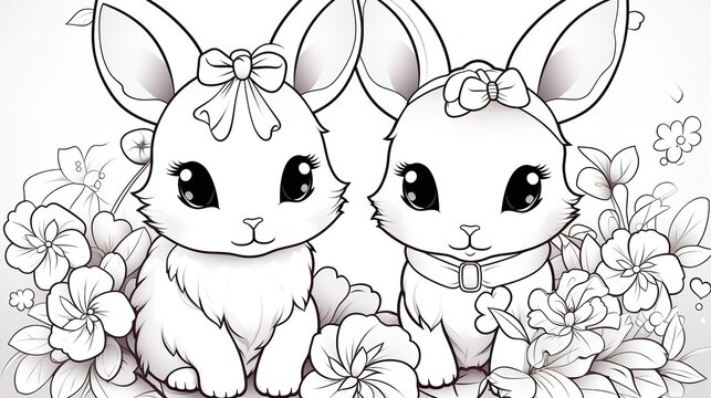 Coloring Pages On The Theme Kawaii, Cute Anime Bunny, Anti-stress, Black And White Drawing