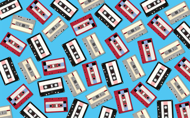 cassettes on a light blue background, the nineties