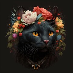 Watercolor painting of a black cat with a wreath of flowers and leaves
Image generated with artificial intelligence, AI-illustrated cat