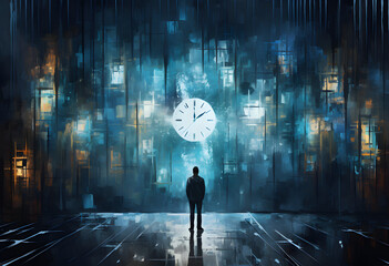 man in front of a clock, representation of time passing - obrazy, fototapety, plakaty