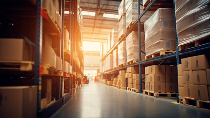 Fototapeta premium Goods on shelves in warehouse Generative AI