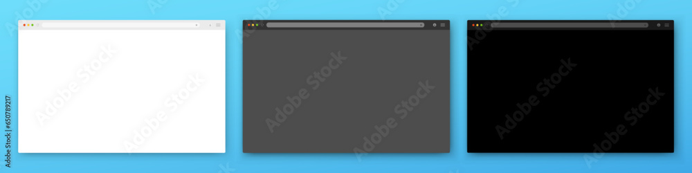 Poster a set of three browser windows in white, gray and black on a blue background. website layout with se