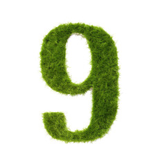 green grass forming number nine, 9, alphabet text font character isolated on white in nature, growth and eco environment concept.