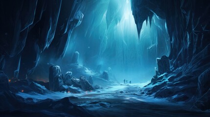 Glacial cavern deep within an icy mountain, with towering ice formations, bioluminescent ice crystals game art
