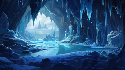 Glacial cavern deep within an icy mountain, with towering ice formations, bioluminescent ice crystals game art