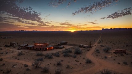 Fototapeta na wymiar Capture the haunting beauty of a desert town as the sun sets, casting a blood-orange glow. Let the image convey a town where ghostly apparitions, Created with generated ai technology 