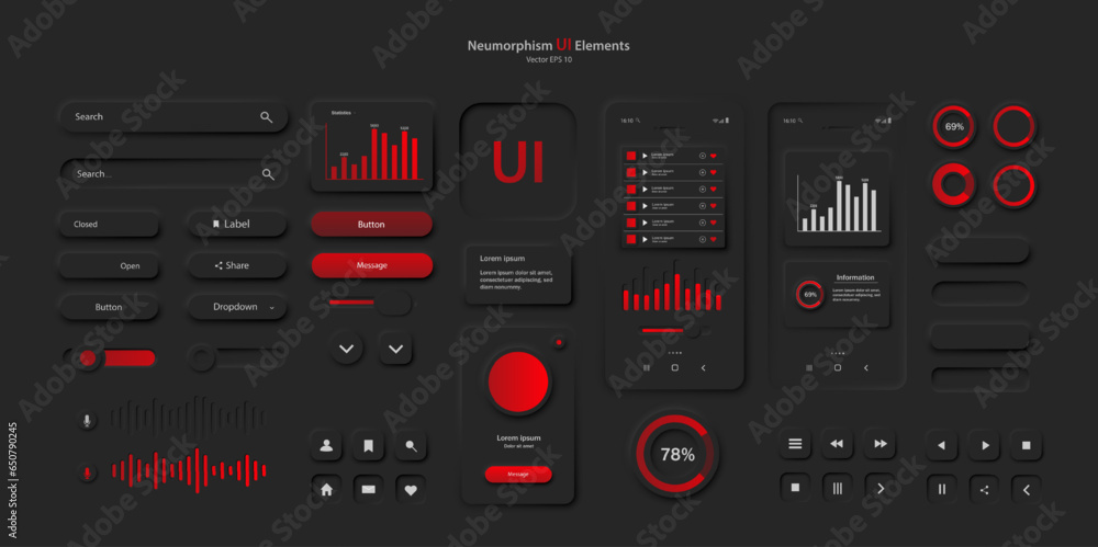 Poster a set of user interface elements for a mobile application in black red. user interface icons for the