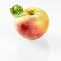 One apple with a red side and a green leaf on a white background